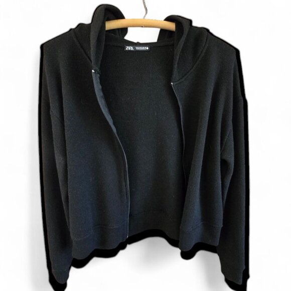Zara Womens Small Black Hoodie Sweater Knit Zip Front Long Sleeve With Hood - Picture 3 of 4